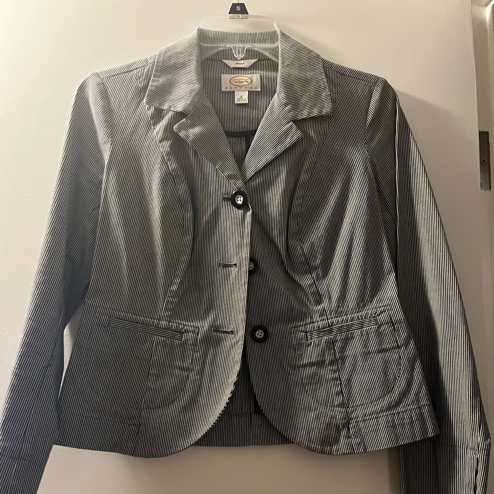 Talbots black an white stripped jacket, button front.